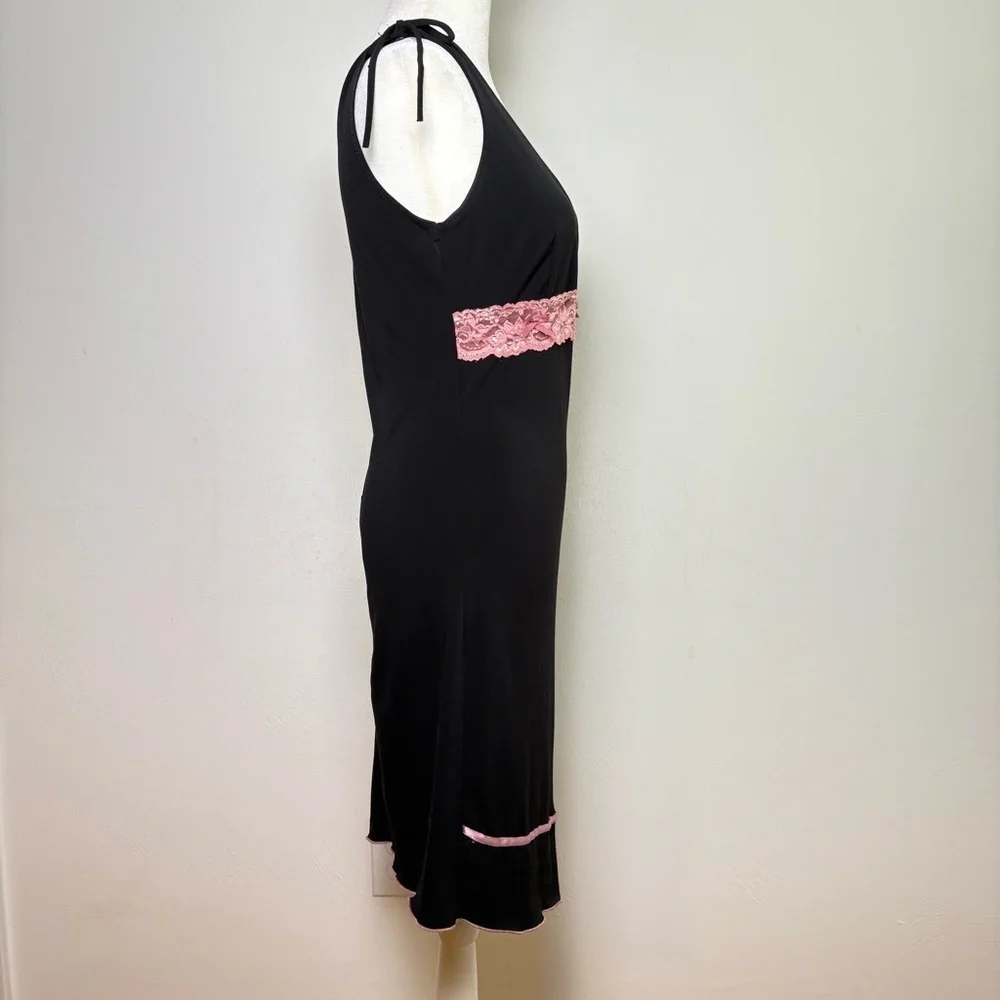 Vintage 90s Y2K Coquette Asymmetrical Babydoll Stretchy  Midi Dress Lace Bow S/M